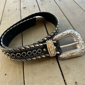 KIPPYS Swarovski Crystal Black Leather Silver Cowgirl Western Belt 32.5